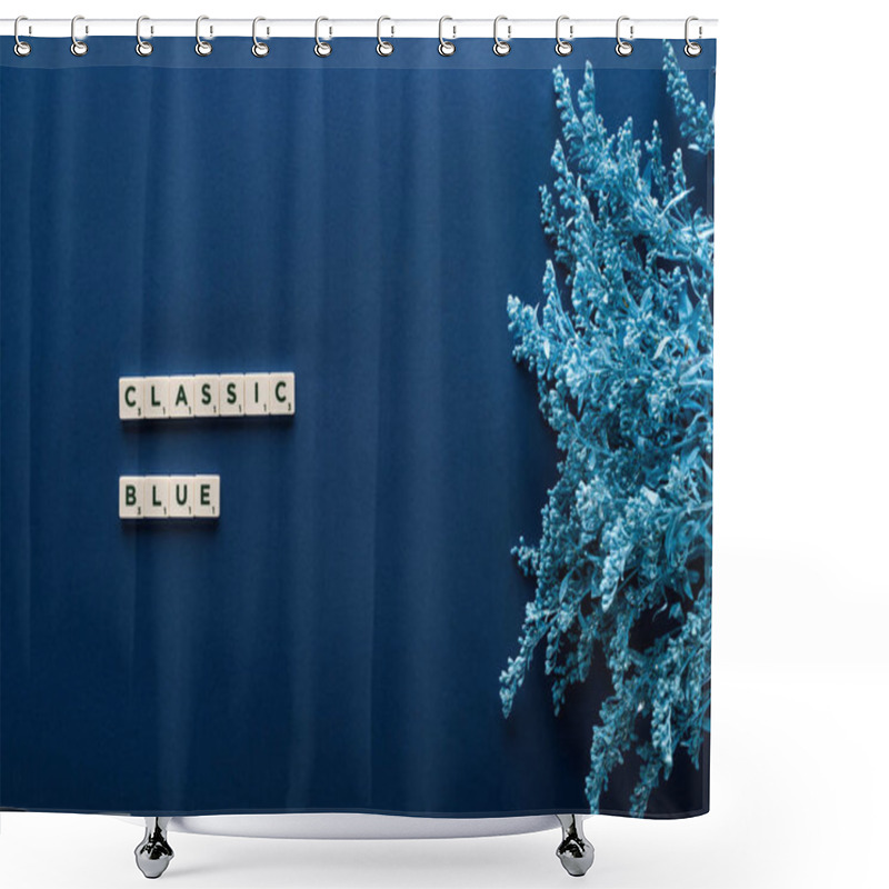 Personality  Top View Of Classic Blue Lettering On Cubes Near Painted Plant On Blue Background Shower Curtains