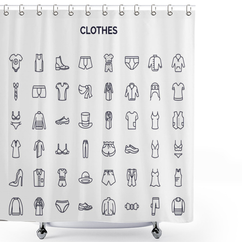 Personality  Set Of Clothes Web Icons In Outline Style. Thin Line Icons Such As Baby Grow, Boxers, Necktie, Soccer Shoe, Short, Chemise, Bowler, Nightwear, Shoes Icon. Shower Curtains