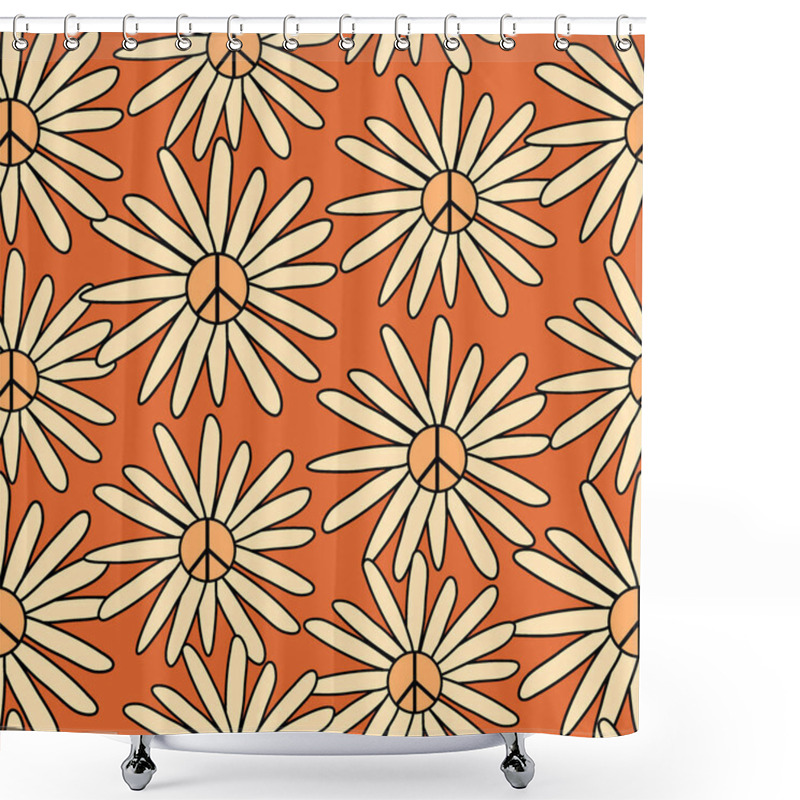 Personality  Trendy 70s Style Large Scale Floral Seamless Pattern In Orange Background.  Shower Curtains