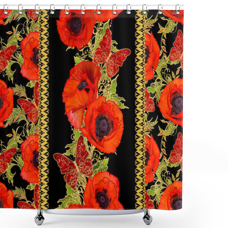 Personality  Seamless Pattern. Vertical Border. Golden Textured Curls. Brilliant Lace, Stylized Flowers, Red Poppies. Openwork Weaving Delicate, Golden Background, Paisley, Jeweler's Butterfly. Shower Curtains