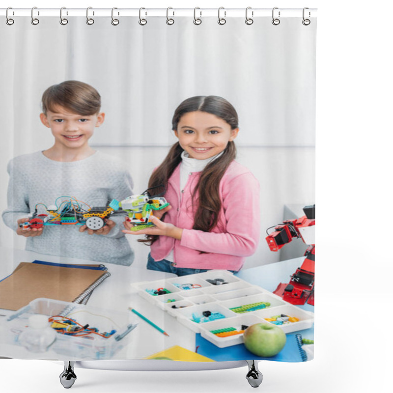 Personality  Happy Kids Looking At Camera And Presenting Robot Models At STEM Lesson Shower Curtains