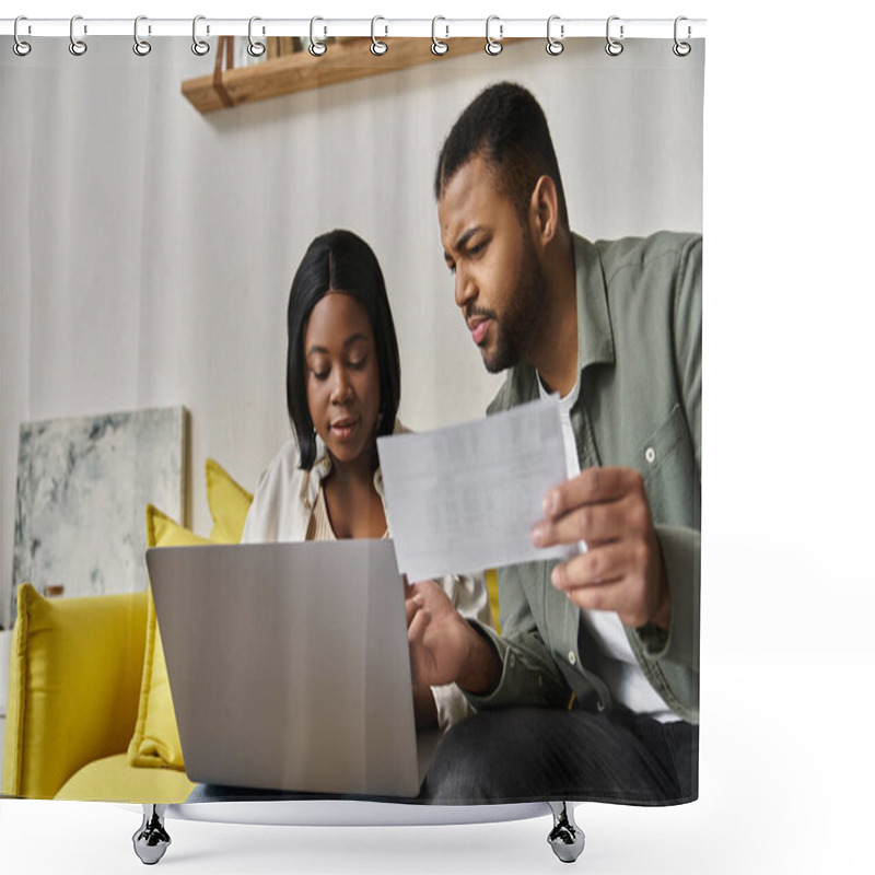 Personality  A Loving Couple Sits Together On A Couch, Reviewing Papers And Using A Laptop. Shower Curtains