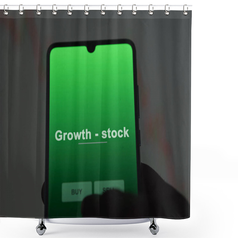 Personality  An Investor Analyzing The Growth - Stock Etf Fund On A Screen. A Phone Shows The Prices Of Growth - Stock Shower Curtains