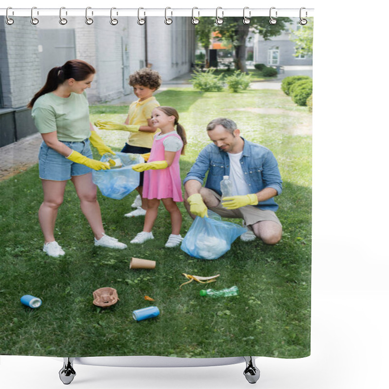 Personality  Positive Parents With Kids Collecting Trash On Lawn  Shower Curtains