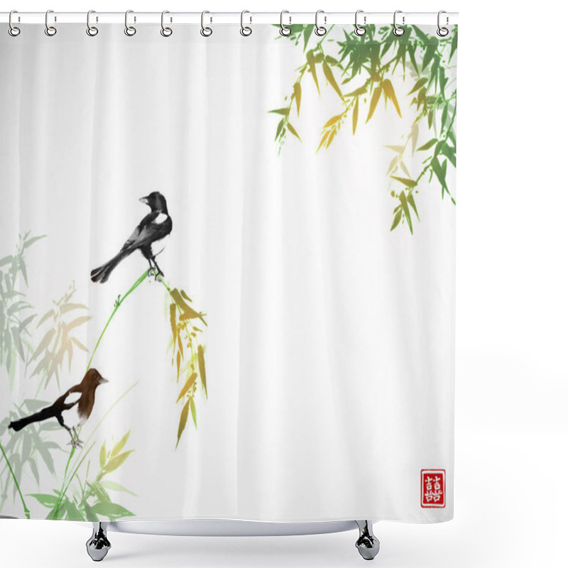 Personality  Traditional Japanese Style Banner With Magpies On Tree On White Background Shower Curtains