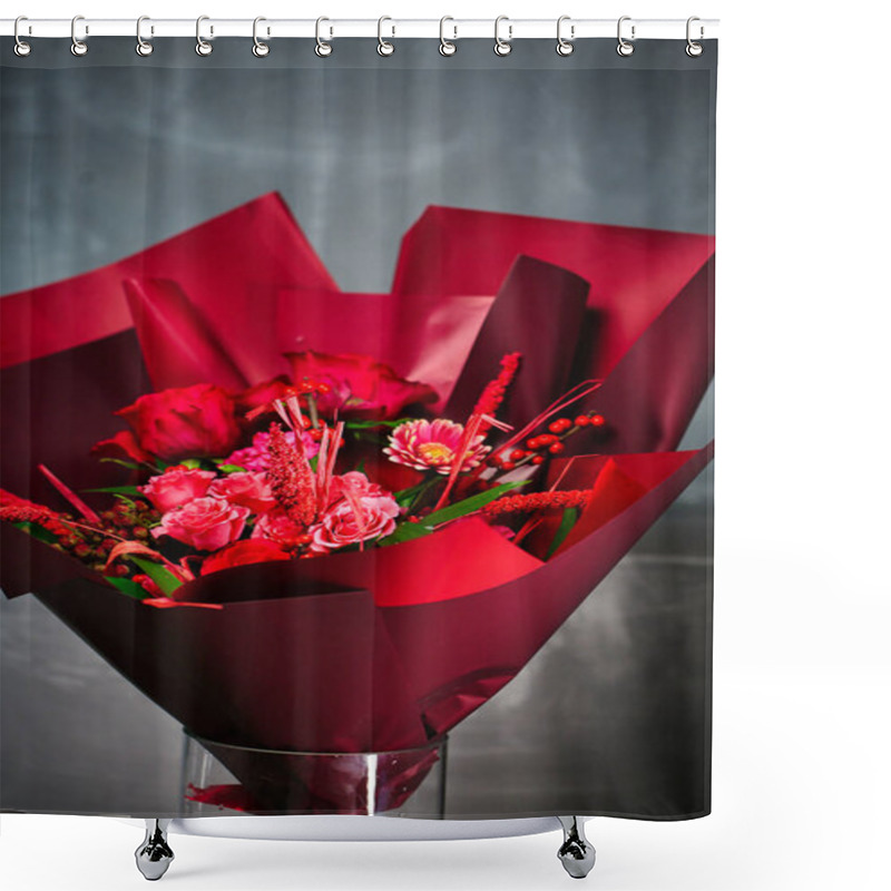 Personality  A Stunning Bouquet Of Vibrant Red Flowers Arranged In A Glass Vase, Providing A Striking Display. Shower Curtains