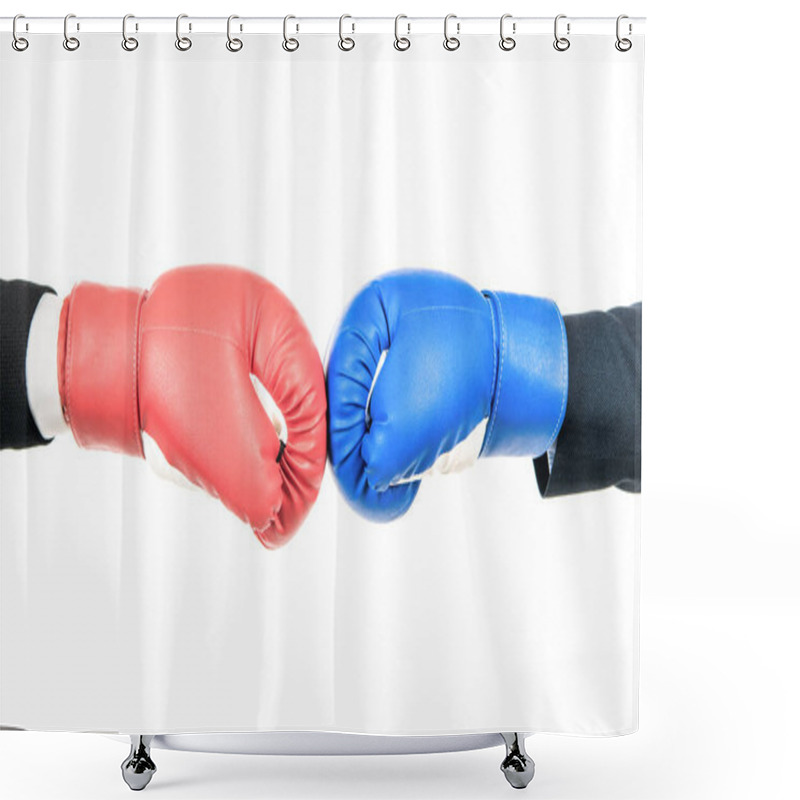 Personality  Challenge To Fight. Red Boxing Glove Against Blue Glove. Business Competition. Duel Fight. Competitive Strength. Fighting Conflict. Strong Opposition. Shower Curtains