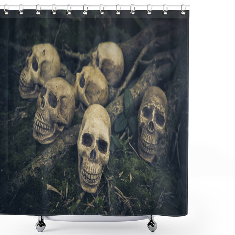 Personality  Still Life With Human Skull  On The Roots  Shower Curtains