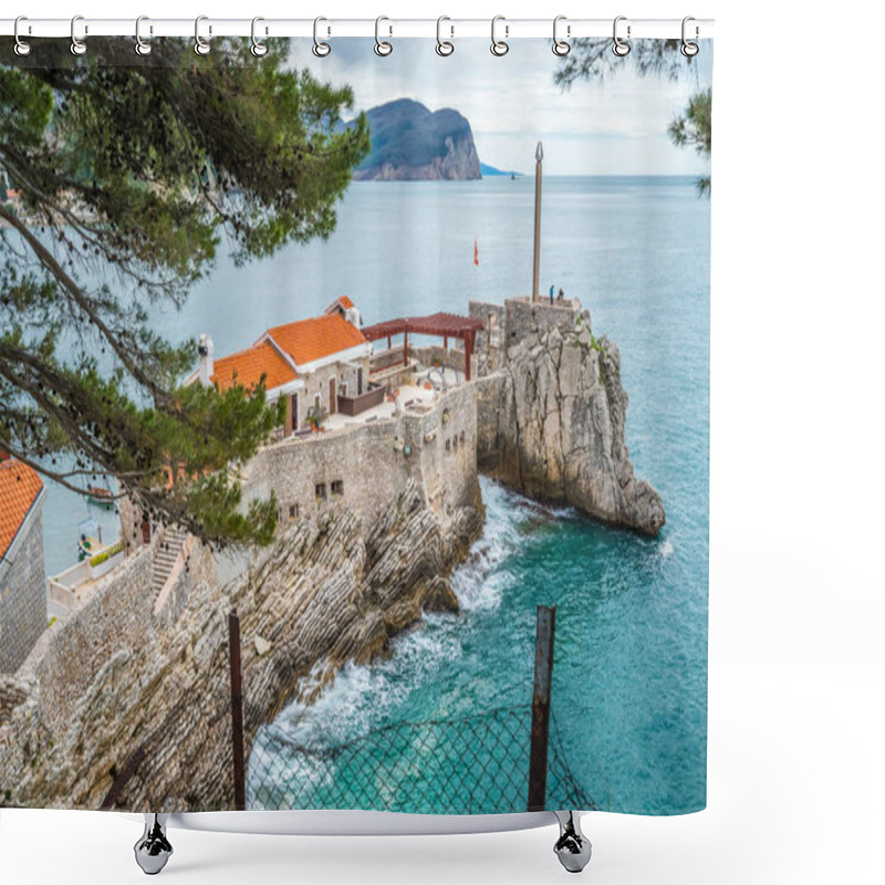 Personality  Petrovac, Montenegro - April 2018 : Stunningly Located Old Town Medieval Fortress In Petrovac Town The Adriatic Sea Shower Curtains