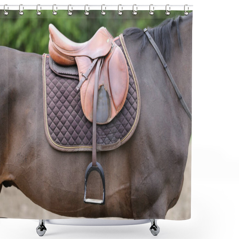 Personality  Close Up Of A Port Horse During Competition Under Saddle Outdoor Shower Curtains