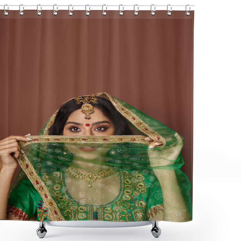 Personality  Vertical Shot Of Young Indian Woman In National Costume With Bindi Covering Her Ace With Green Veil Shower Curtains