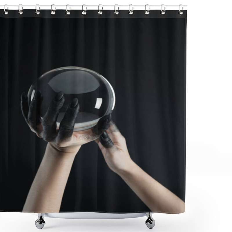 Personality  Cropped View Of Black Painted Hands Of Witch Holding Transparent Crystal Ball Isolated On Black Shower Curtains