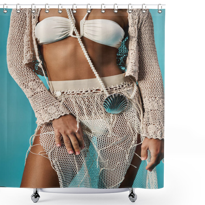 Personality  Elegant African American Woman In A White Bikini And Shell Necklace. Shower Curtains