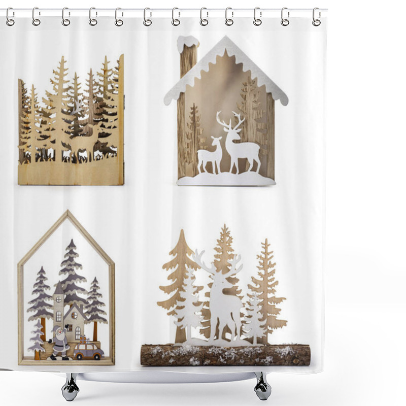 Personality  Set Of Wooden Christmas Decorative Items Isolated On White Background, Clipping Path Included  Shower Curtains