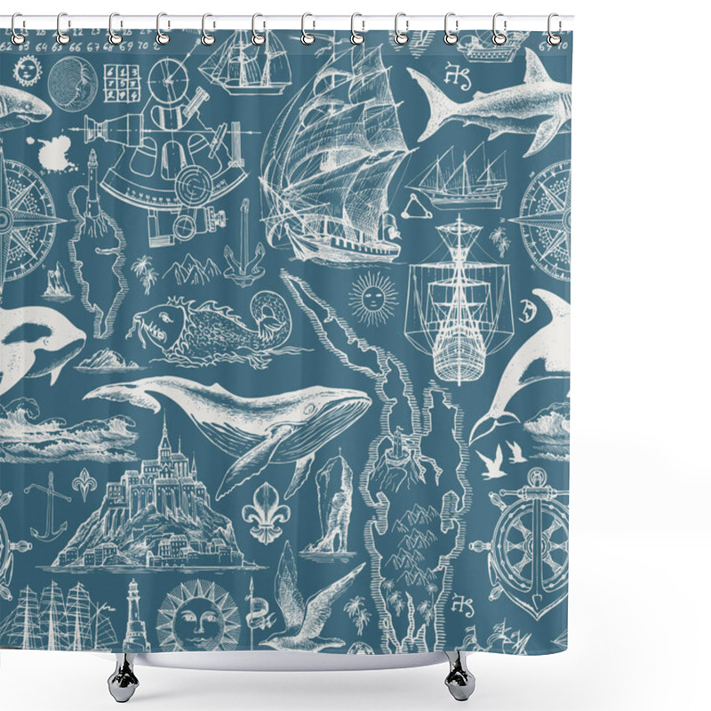 Personality  Vector Abstract Seamless Pattern On The Theme Of Travel, Adventure And Discovery. Vintage Illustration With Hand-drawn Sketches Of Sailboats, Islands, Fishes. White Drawings On The Blue Background Shower Curtains