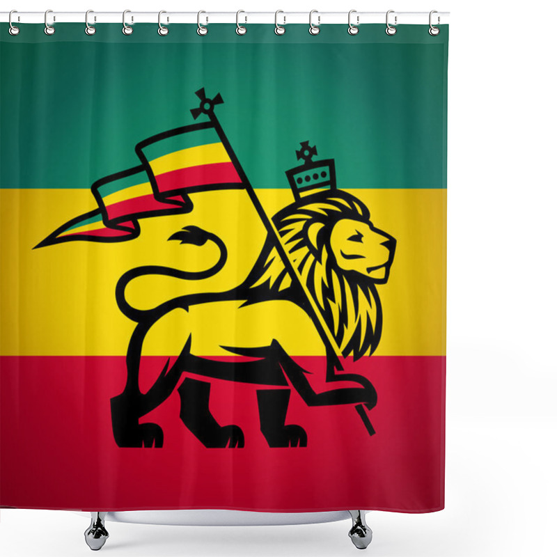 Personality  Judah Lion With A Rastafari Flag. King Of Zion Logo Illustration. Reggae Music Vector Design Shower Curtains