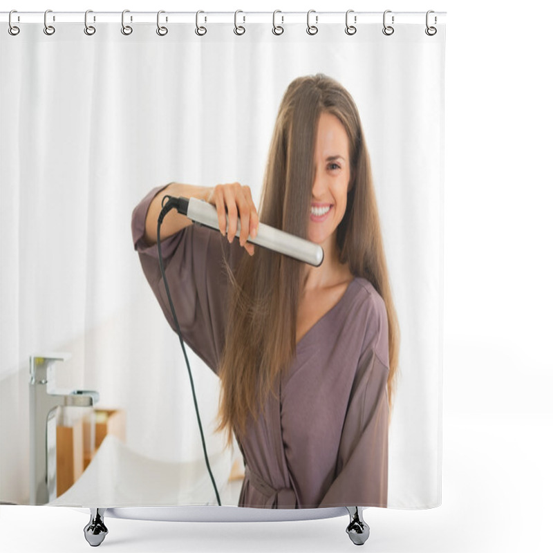 Personality  Woman Straightening Hair In Bathroom Shower Curtains