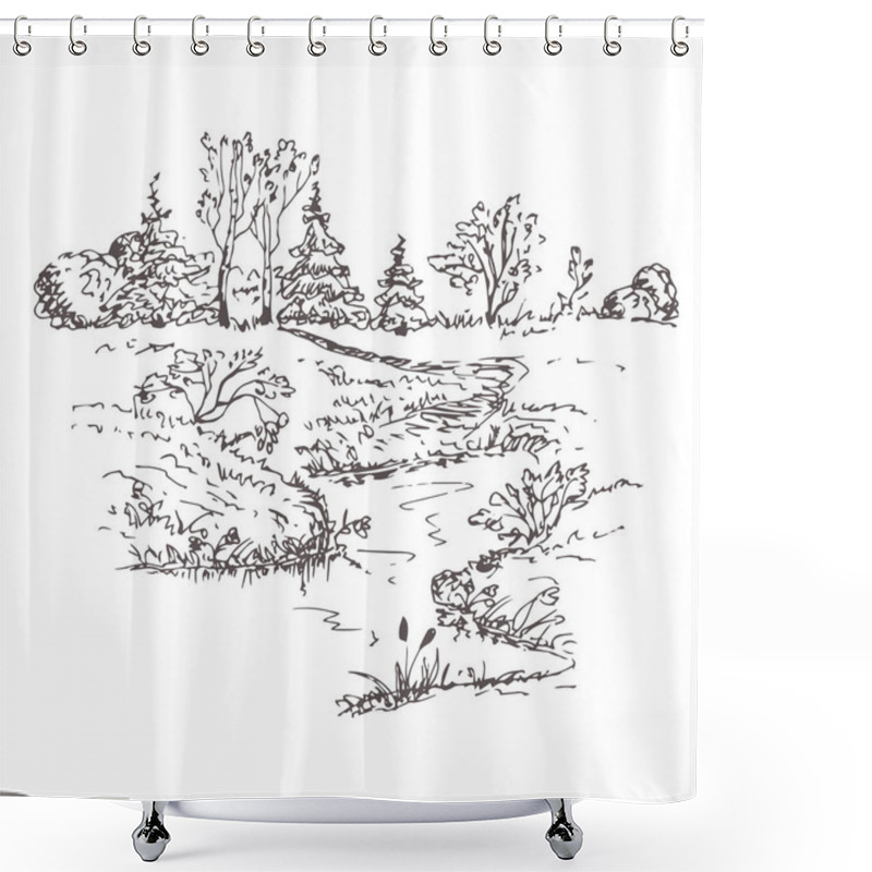 Personality  Vector Illustration Of A Beautiful Forest Landscape With A Trees Shower Curtains