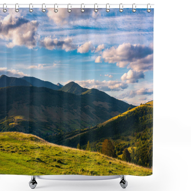 Personality  Beautiful Mountain Landscape In Afternoon. Grassy Meadow And Forested Hills Of Carpathian Mountains. Pikui Mountain In The Far Distance. Gorgeous Blue Sky With Golden Clouds Shower Curtains