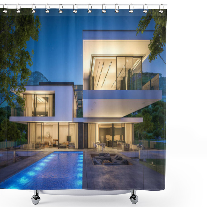 Personality  3d Rendering Of Modern House By The River At Night Shower Curtains