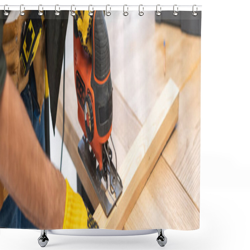 Personality  Cropped View Of Man In Gloves Using Jigsaw Machine On Wooden Plank At Home, Banner  Shower Curtains