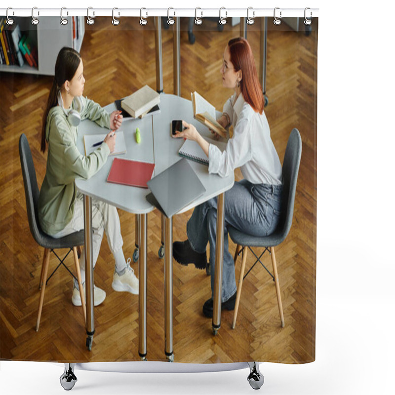 Personality  Redhead Woman Tutors A Teenage Girl At A Table In A Modern Office, Using A Laptop For After-school Lessons. Shower Curtains