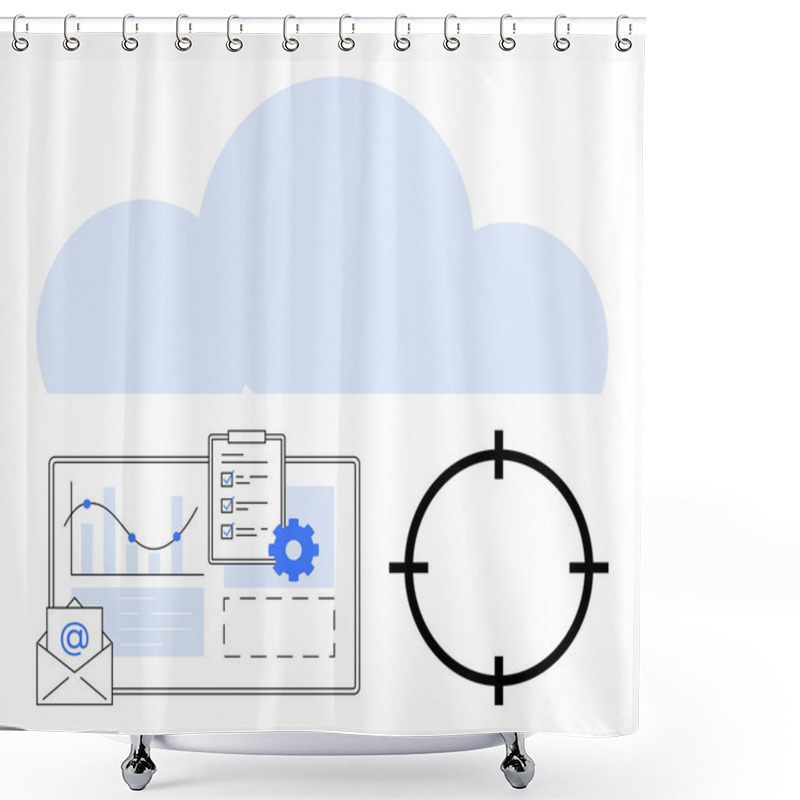 Personality  Cloud Hovering Over Analytics Dashboard With Graph, Clipboard, Email Icon, And Target Scope. Ideal For Data Management, Digital Strategies, Cloud Services, Analytics, Email Integration Business Shower Curtains