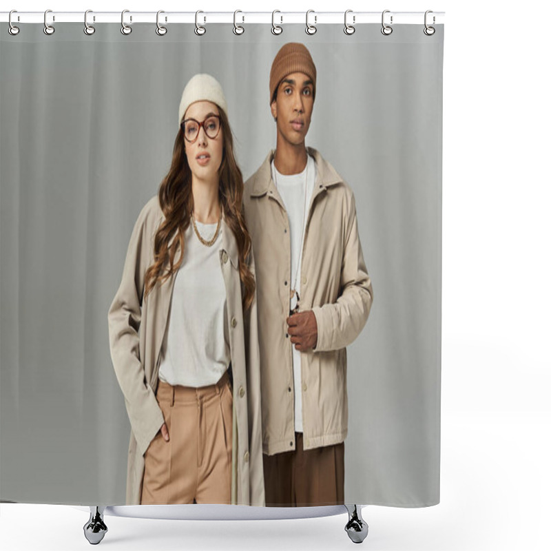 Personality  A Stylish Young Couple Elegantly Displays Their Vibrant Autumn Outfits, Embracing The Season. Shower Curtains