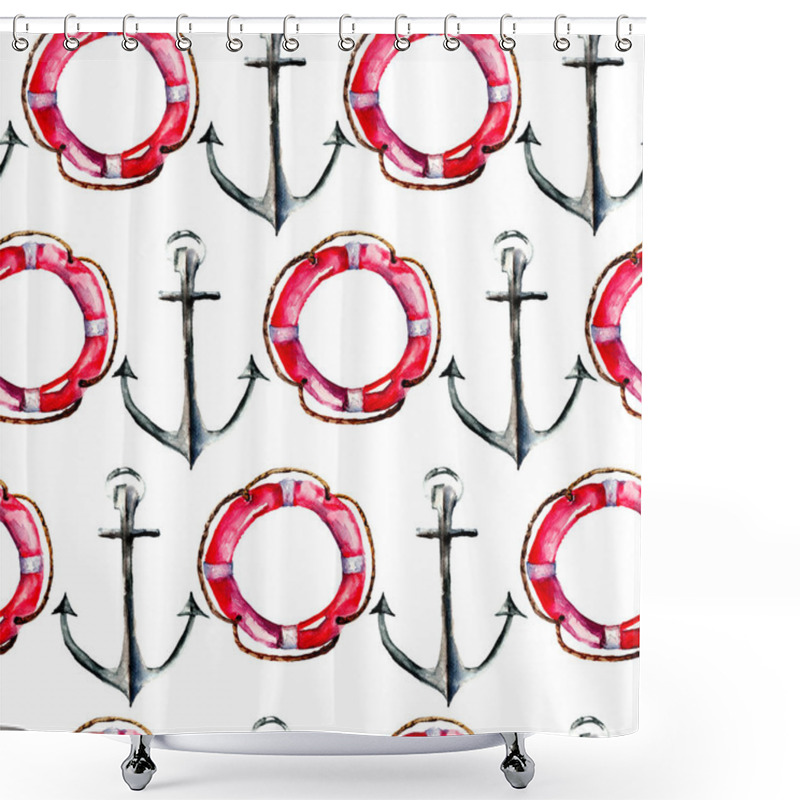 Personality  Seamless Wallpaper With Life Buoy And Anchor Shower Curtains