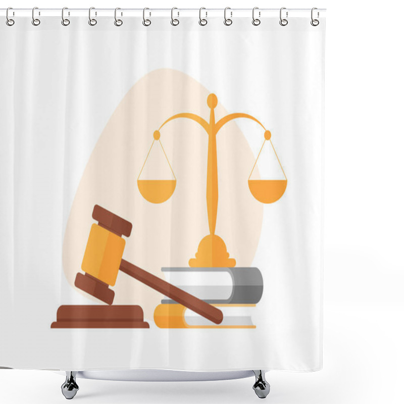 Personality  Court, Law And Justice Scene. Services Of Lawyer, Notary, Attorney. Scales, Books And Gavel Of The Judge. Vector Illustration In A Trendy Flat Style. Shower Curtains