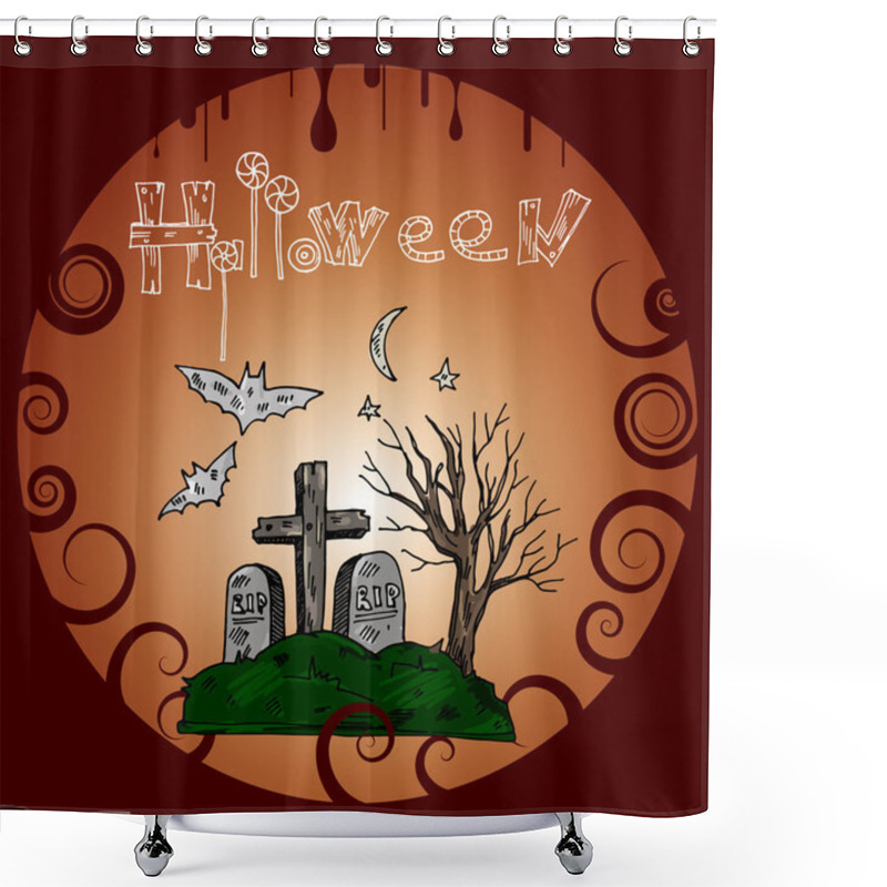 Personality  Halloween Banner With Cemetery. Vector Illustration Shower Curtains