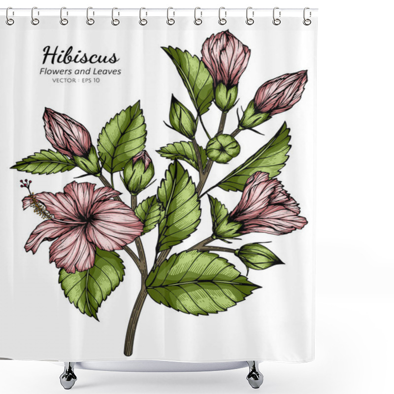 Personality  Pink Hibiscus Flower And Leaf Drawing Illustration With Line Art On White Backgrounds. Shower Curtains