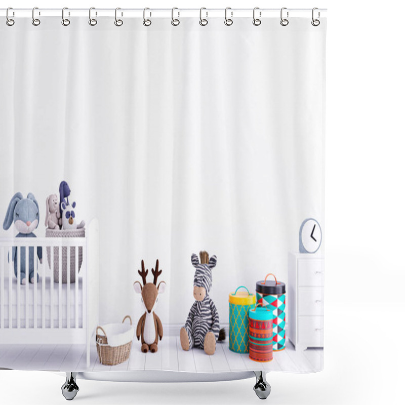 Personality  3d Rendered Illustration Of A Child Nursery With Toy Animals. Shower Curtains