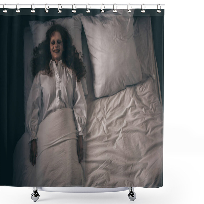 Personality  Top View Of Creepy Smiling Demon In Nightgown Lying In Bed Shower Curtains