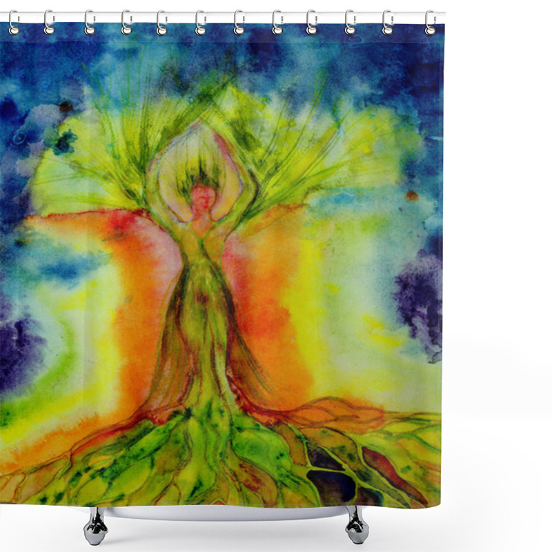 Personality  Psychedelic Woman Tree Of Life With Aura. The Dabbing Technique Near The Edges Gives A Soft Focus Effect Due To The Altered Surface Roughness Of The Paper Shower Curtains