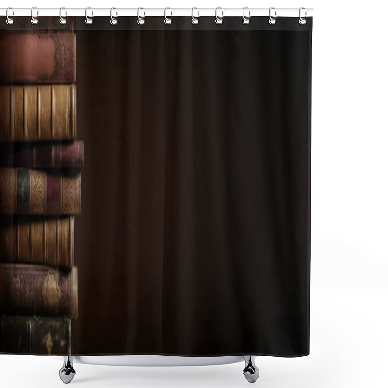 Personality  Literature / Reading Concept: Banner Or Header Image With Stack Of Antique Leather Bound Books Against A Dark Background Shower Curtains