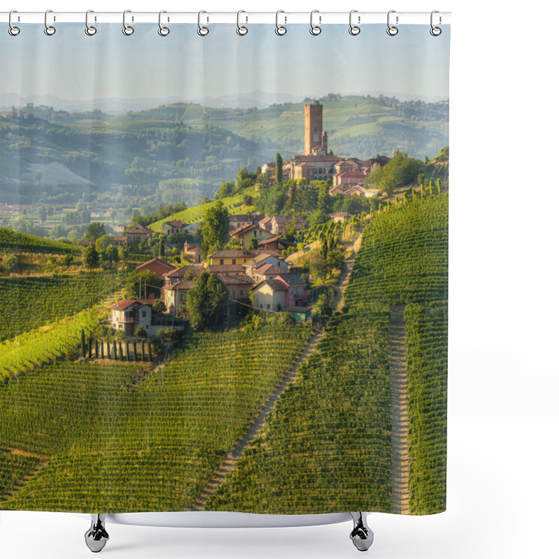 Personality  Beautiful Hills And Vineyards Surrounding Barbaresco Village In The Langhe Region. Cuneo, Piedmont, Italy. Shower Curtains