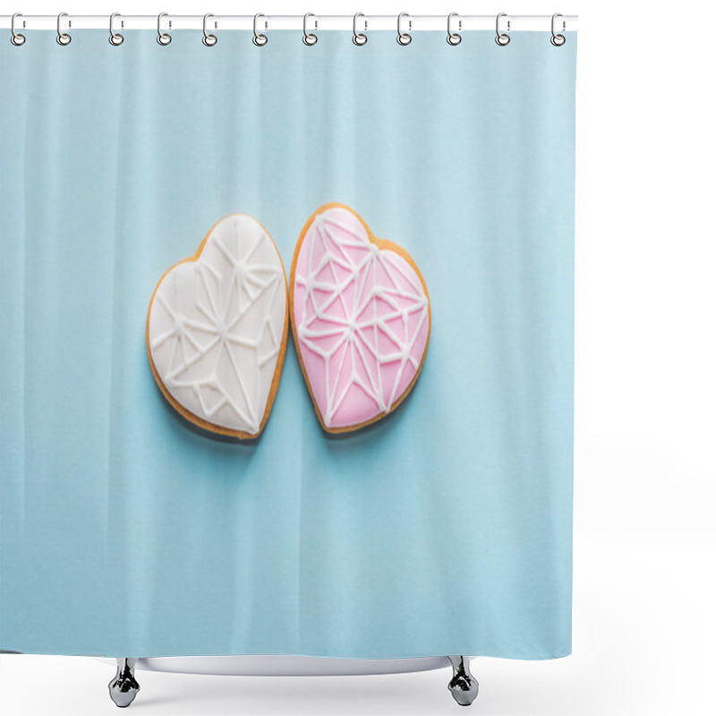 Personality  Top View Of Two Glazed Heart Shaped Cookies Isolated On Blue, St Valentines Day Holiday Concept Shower Curtains