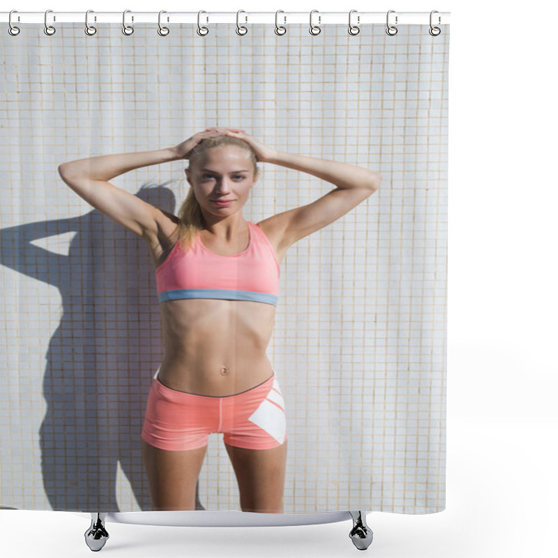 Personality  Fitness Woman Posing In Urban Setting Shower Curtains