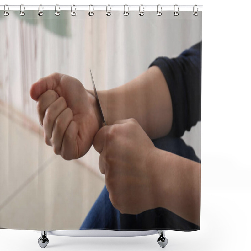 Personality  Man Cutting Veins At Home. Suicide Awareness Concept Shower Curtains