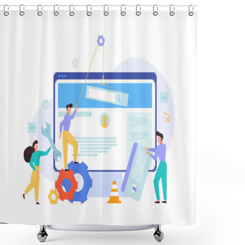 Personality  Website Repair Debugging Optimization Concept. Programmers Testers Repair Corporate Website Adjust Number Visits Orders Fix Bugs Optimize Availability Of Contextual Advertising. Cartoon Vector Style. Shower Curtains