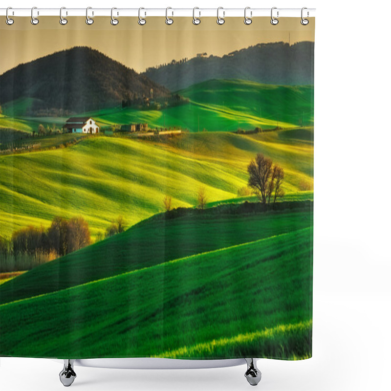 Personality  Trees And Farmland Near Volterra, Rolling Hills On Sunset. Rural Shower Curtains