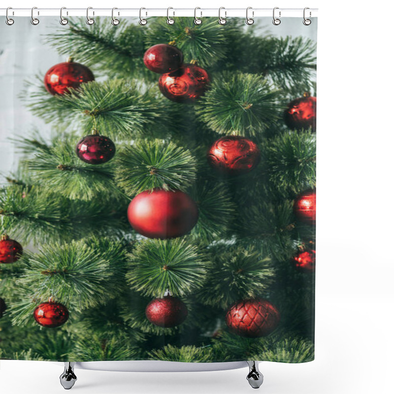 Personality  Close Up View Of Red Christmas Balls On Christmas Tree Shower Curtains