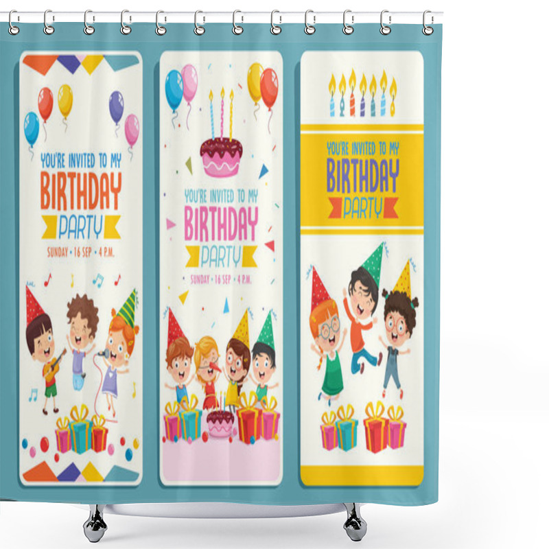 Personality  Vector Illustration Of Children Birthday Party Invitation Card Design Shower Curtains