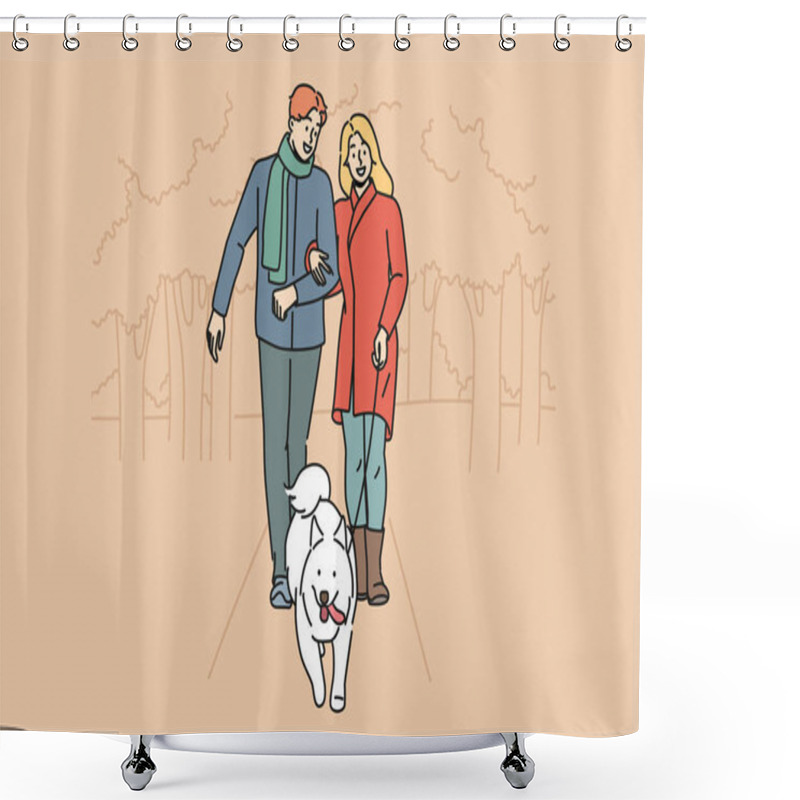 Personality  Man And Woman Are Walking Their Dog Together In Park Enjoying Walk On Autumn Evening With Warm Weather. Happy Couple With White Dog On Leash Take Care Of Pet In Need Of Timely Walk Outdoors Shower Curtains