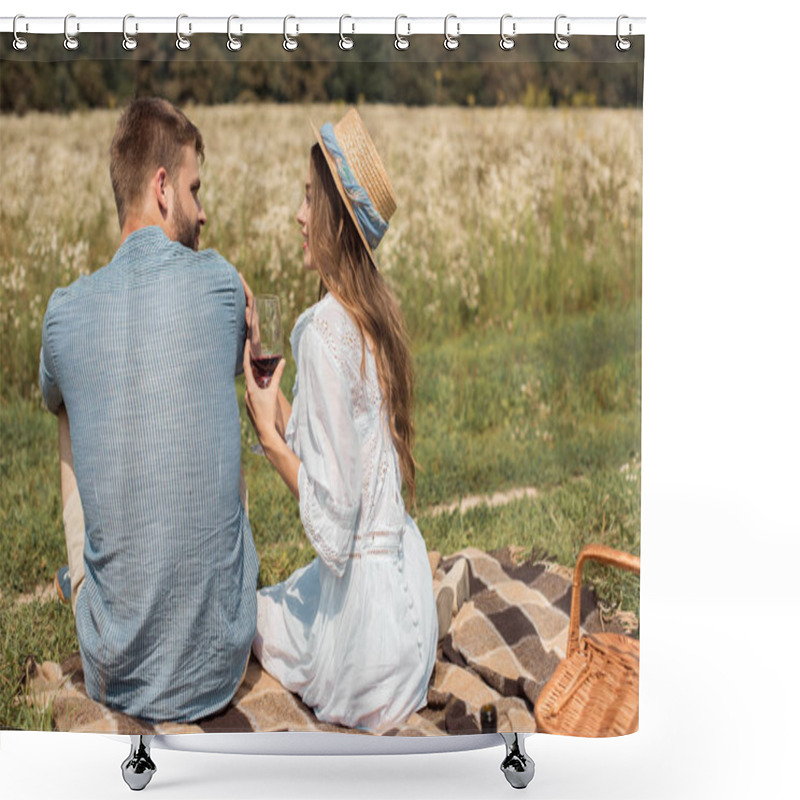 Personality  Back View Smiling Couple Having Picnic On Summer Meadow With Wild Flowers Around Shower Curtains