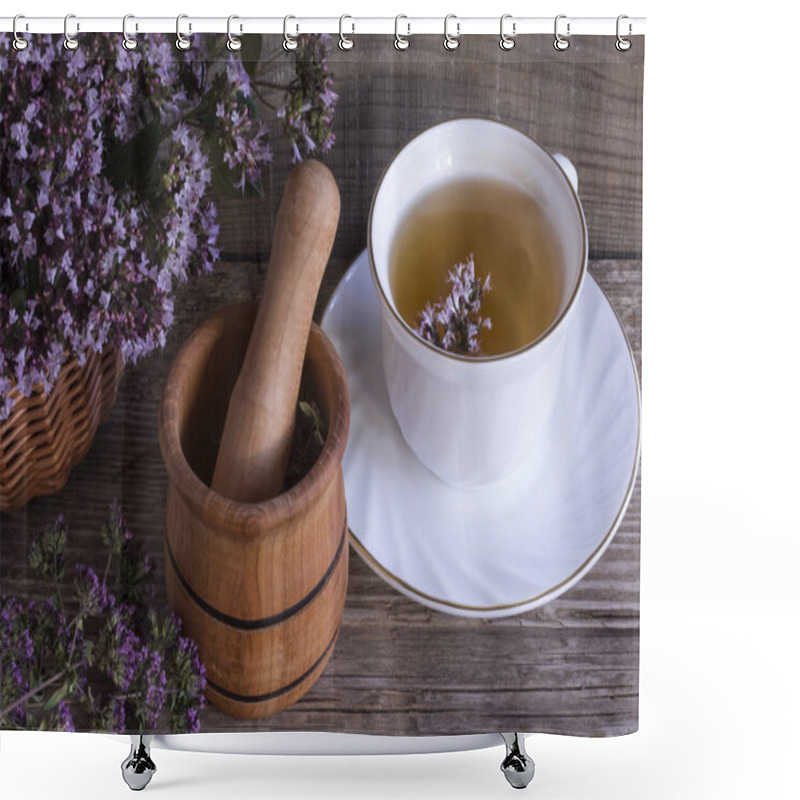 Personality  Tea Made Of Oregano Flowers On A Wooden Background With A Cup For Rubbing The Grass. Shower Curtains