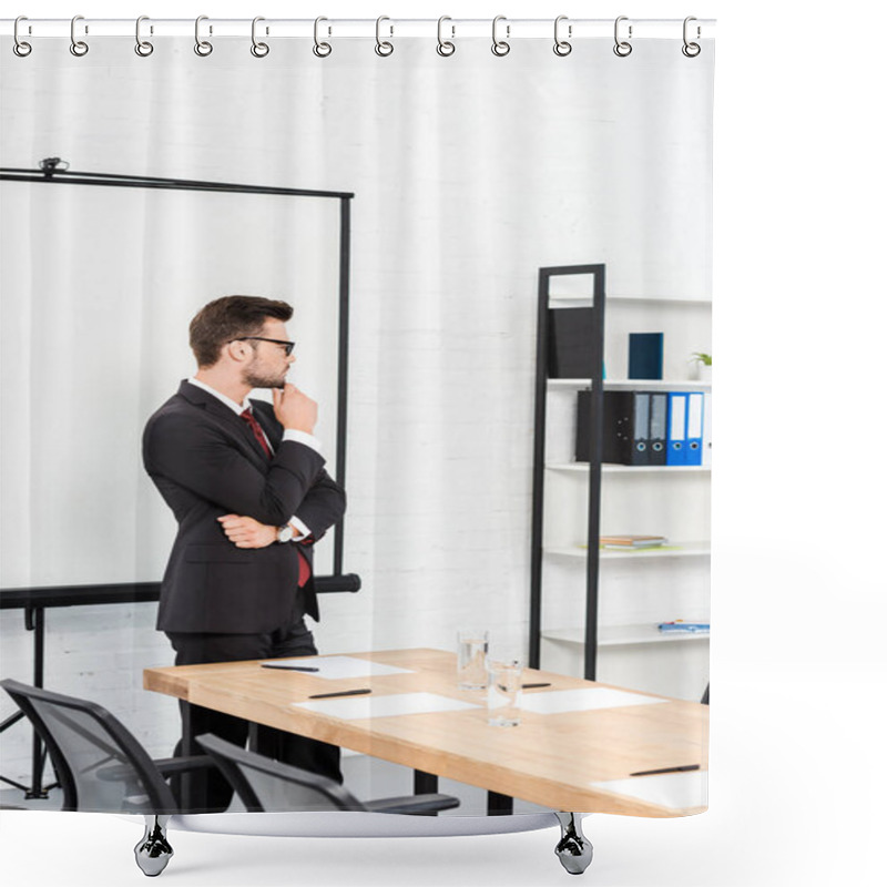 Personality  Thoughtful Young Businessman Standing At Office And Looking Away Shower Curtains