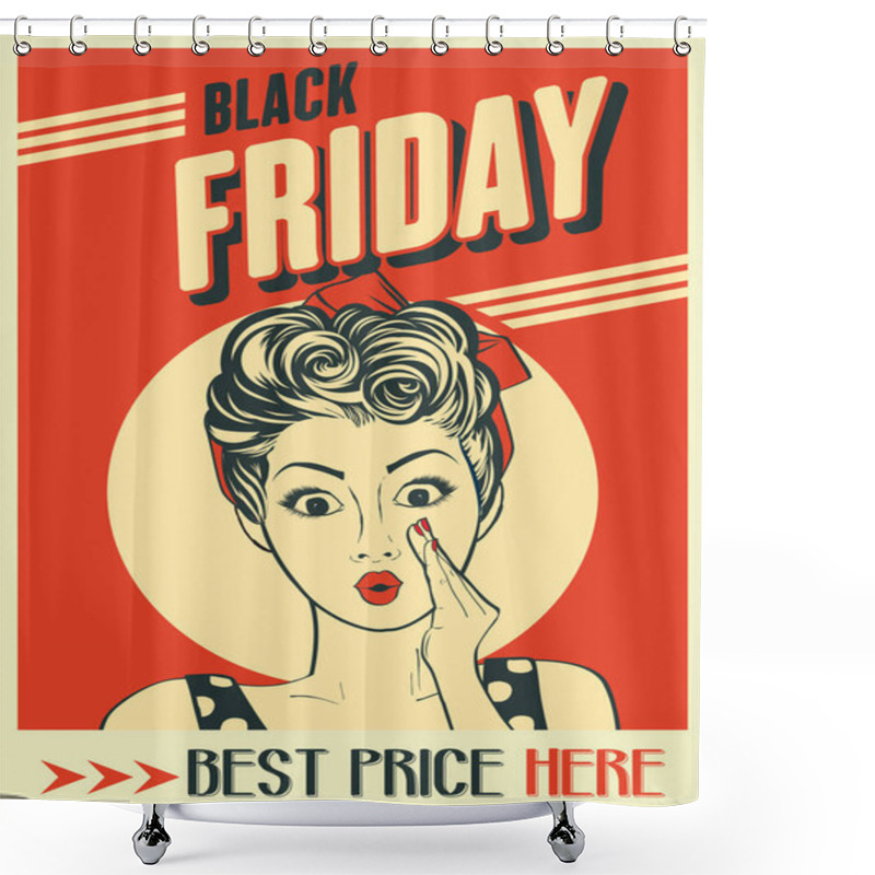 Personality  Black Friday Banner With Pin-up Girl. Retro Style. Vector Shower Curtains