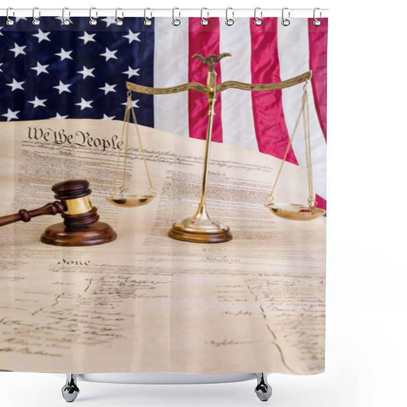 Personality  Winneconne - 11 May 2018: Bill Of Rights With An American Flag, Judges Gavel And A Balance Scale Dealing With Justice For American Rights Shower Curtains